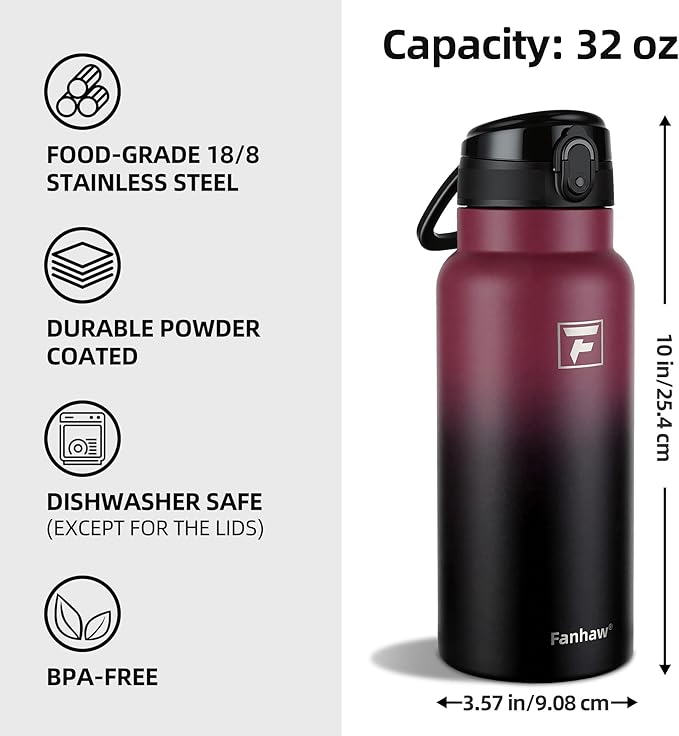 Fanhaw 32 Oz Insulated Stainless Steel Water Bottle with Chug Lid – Wide Mouth, Leak-Proof, BPA-Free – Ideal for Kids, Adults, Sports, Gym, and Outdoor Use (Red Black)
