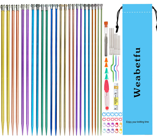 Weabetfu 65pcs Aluminum Metal Knitting Needle Set,Colored Straight Single Pointed Knitting Needles,12 Size 2.5mm-10mm,10inch Length for Handmade DIY Knitting with Knitting Accessories