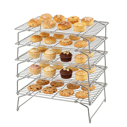 Herogo 5-Tier 15" x 10" Cooling Rack, Stainless Steel Baking Rack for Cookies, Cupcakes, and Pastries, Collapsible Space-Saving Design, Dishwasher Safe, Ideal for Baking, Roasting, and Drying