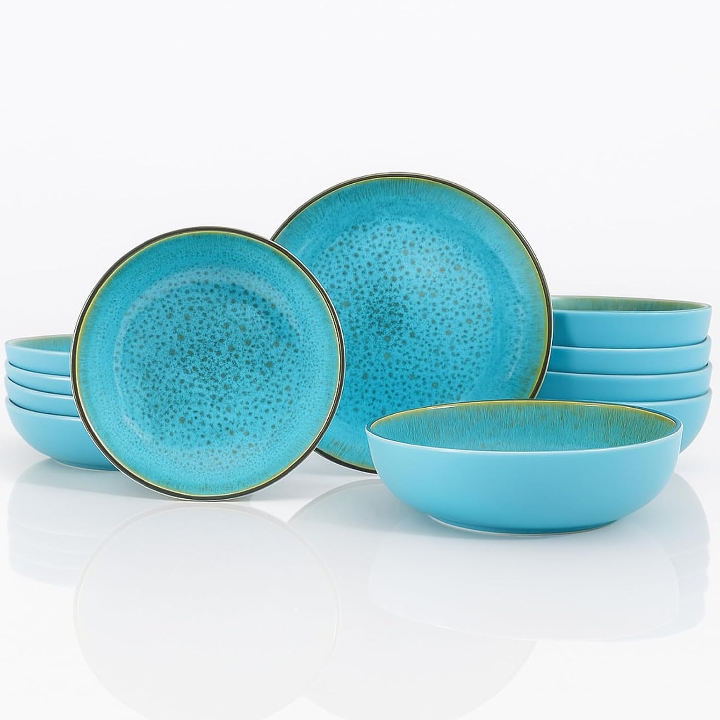 TP 12-Piece Dinnerware Set, Melamine Dishes Set with Bowls and Plates, Non-breakable and Lightweight Round Dinner Set for 4, Teal