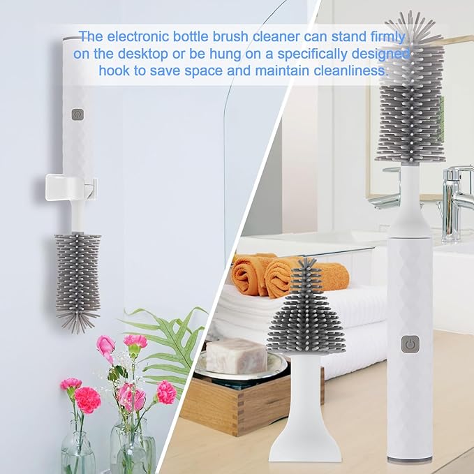 Rechargeable Electric Bottle Brush Cleaner Set with 3 Piece Silicone Baby Bottle Brush Cleaner and Straw Cleaner Brush,BPA Free,Waterproof,Perfect Baby Registry Gift,White