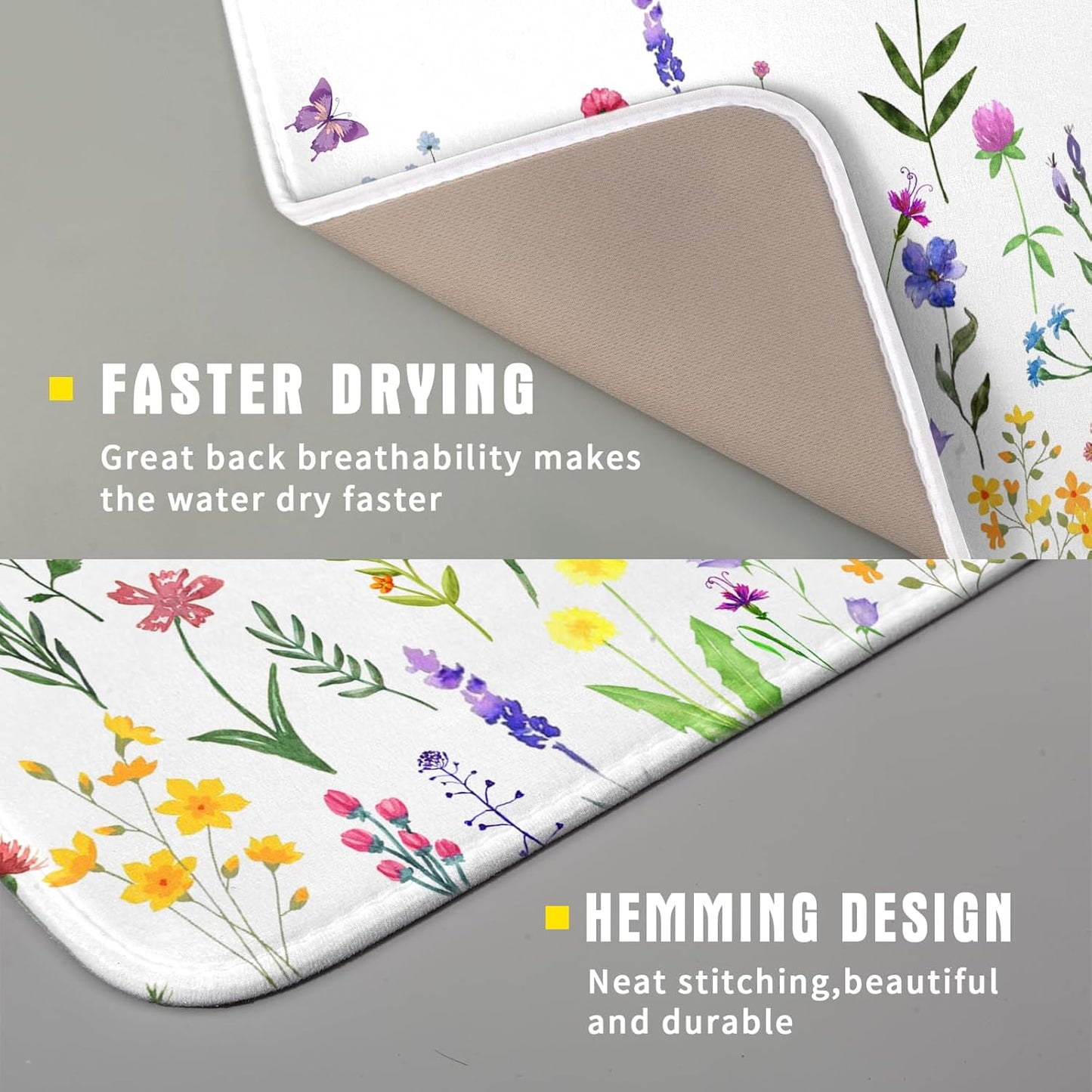 Watercolor Floral Dish Drying Mat for Kitchen Counter 16x18 Inch Spring Summer Wild Flower Butterfly Absorbent Reversible Microfiber Dish Drainer Rack Mats Countertops Protector Mat