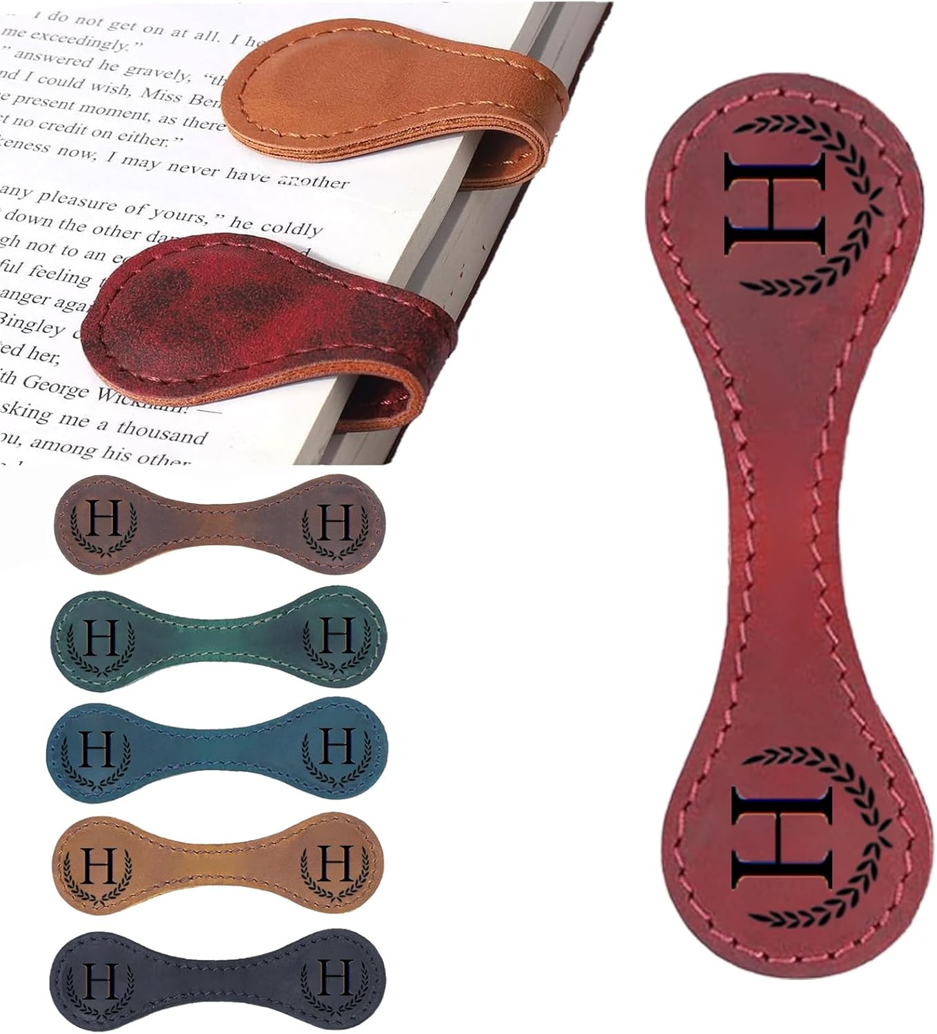 Artlaza Personalized Magnetic Leather Bookmark, 26 Letters Custom Leather Bookmarks, Handmade, Leather Magnetic Bookmark for Book Lovers Readers Women Kid(Redï¼ŒHï¼‰