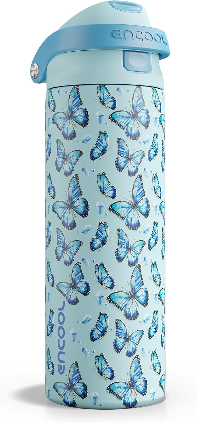 ENCOOL Leakproof Insulated Water Bottle with Straw Dual-Sip Water Bottle Bag-Safe Design for Work, Commute & Gym – Keeps Drinks Cold All Day, 24 oz, Glacier Butterfly