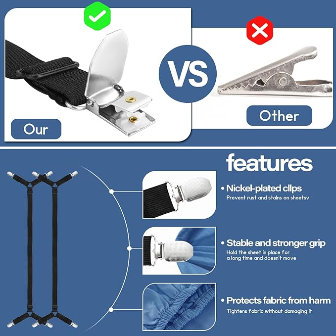 CHRORINE Bed Sheet Holder Straps Adjustable Sheet Fasteners Clips Keep Bedding Stays in Place, 4 Pcs/Set, Black
