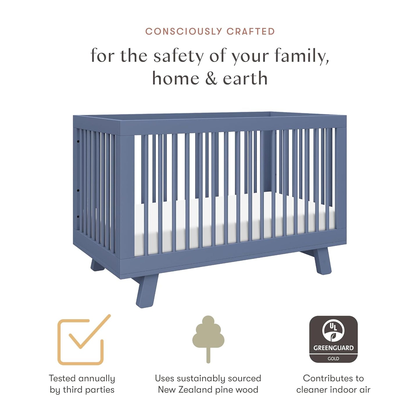 babyletto Hudson 3-in-1 Convertible Baby Crib - GREENGUARD Gold Certified Convertible Crib to Toddler Bed and Daybed - Wooden Baby Bed with 4 Adjustable Mattress Heights - Easy Assembly - Cove Blue