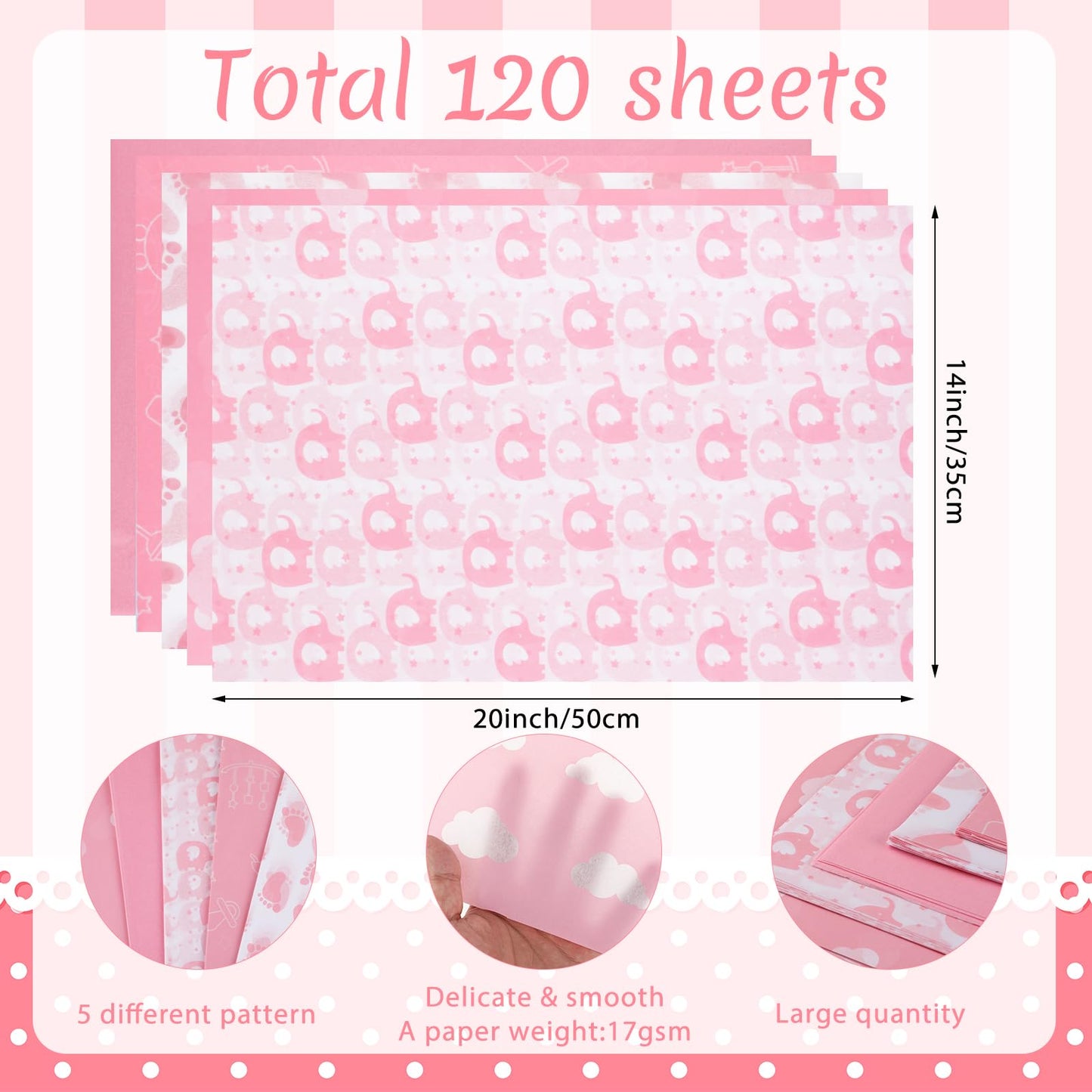 woric 120 Sheets Pink Tissue Paper Bulk Baby Shower Tissue Paper with Cute Design for Gift Bags DIY Crafts Baby Shower Girls Birthday, 14 x 20 Inch