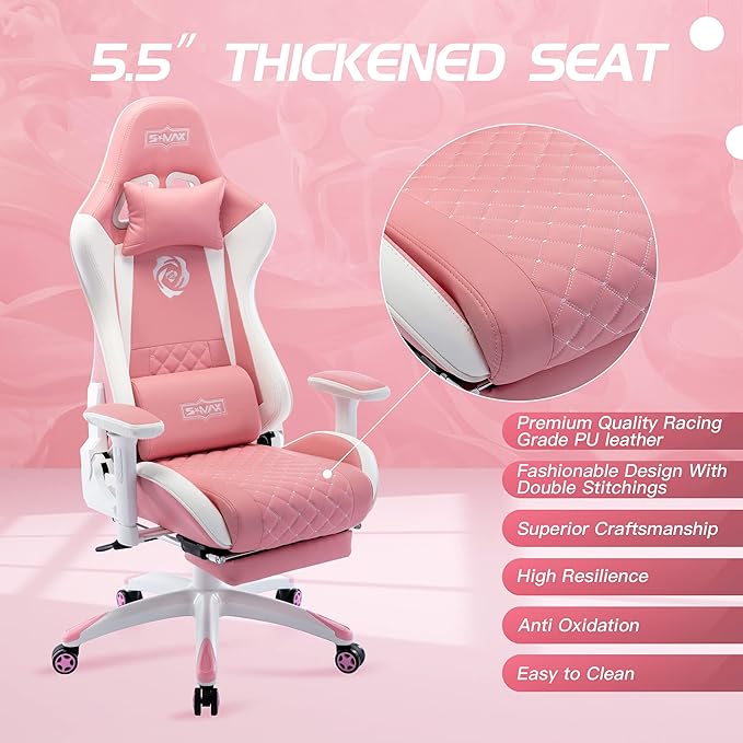 S*MAX Pink Gaming Chair with Footrest Thicken Seat Ergonomic Pink Gamer Chair with 3D Armrest PU Leather Headrest and Lumbar Support High Back Gaming Chair for Girls Pink White