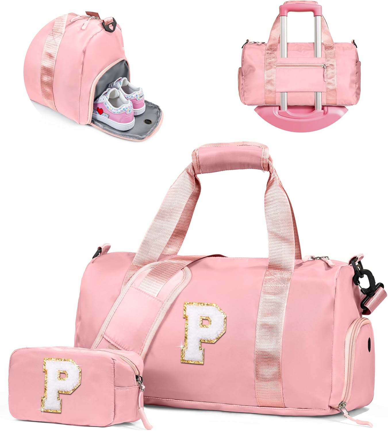 Easter Basket Stuffers Gifts for Kids-Girl Gym Bag with Shoe Compartment, Kid Personalized Weekender Overnight Bags, Initial Travel Tote with Makeup Pouch, Valentines Day Gift (Letter P)