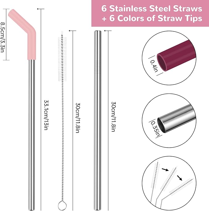 Tomorotec 6PCS Stainless Steel Straws with Silicone Tips for Stanley Tumbler 40oz, 13-Inch Reusable Straw Set with Colorful Extenders & 2 Brushes, Compatible with Wide Mouth Cups (Pink Series)