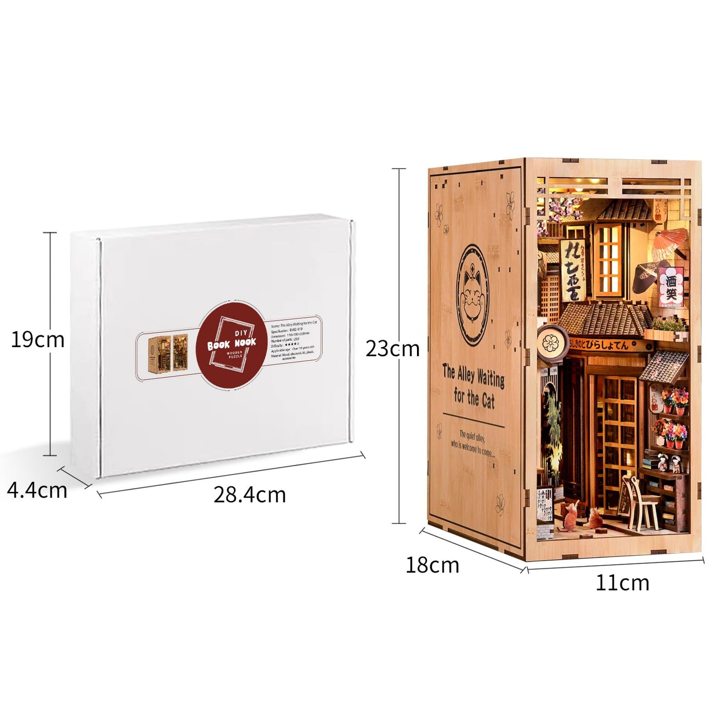 DIY Book Nook Kit, 3D Wooden Puzzle Bookend with LED Light, Japanese Street Alley Miniature House Model, Creative Shelf Insert Decor & Arts Crafts Gift for Adults Teens (The Alley Waiting for the Cat)