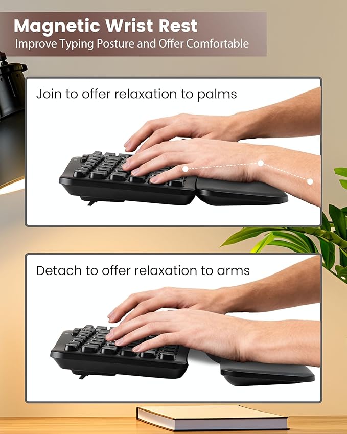 XUANGUI Silent Wireless Keyboard and Mouse Combo Ergonomic with Magnetic Wrist Rest, Cordless Full Size Split Key Board and 4800 DPI Quiet Mice for PC Laptop Tablet, Office and Home Ergo Soft Set