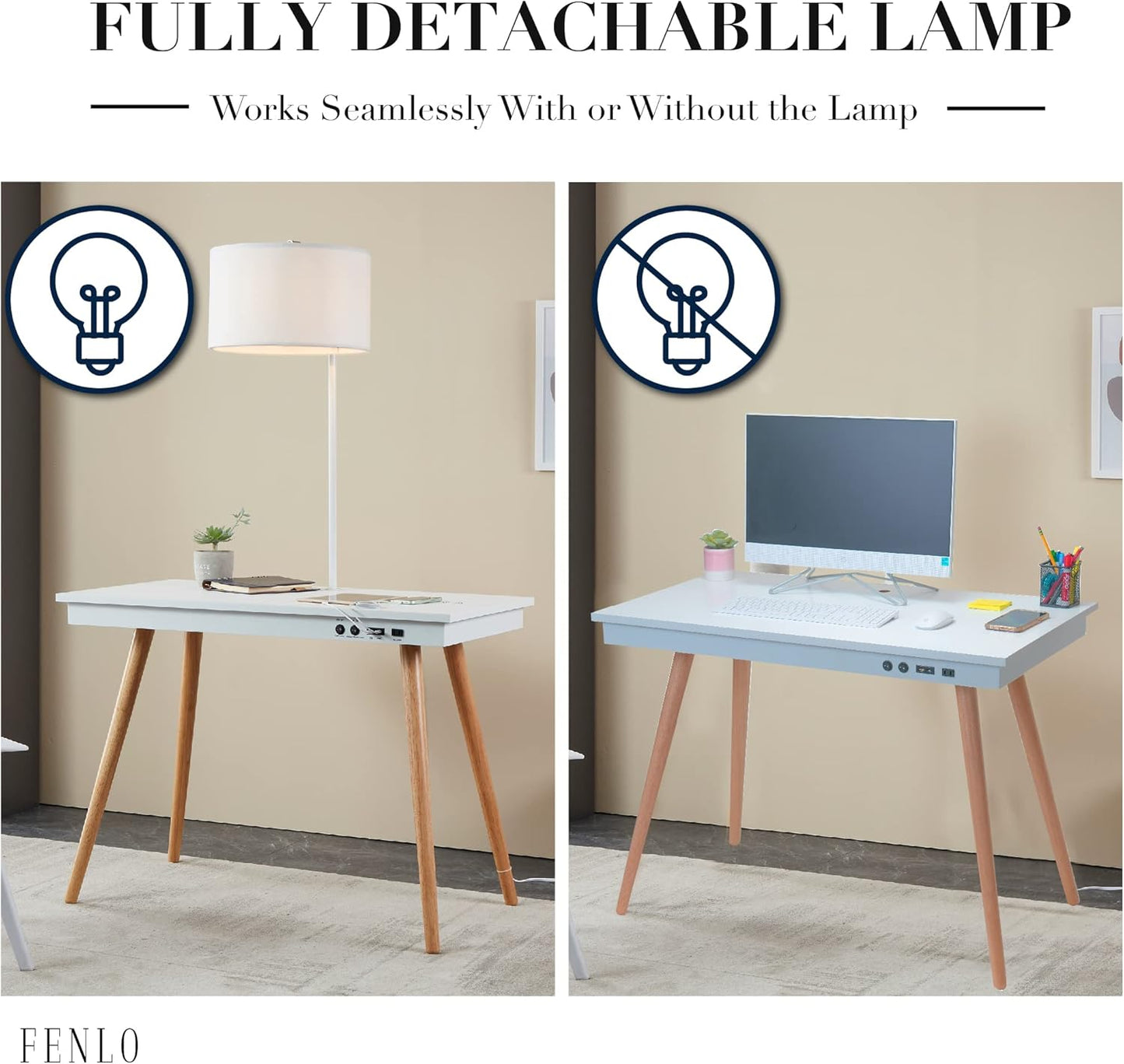 FENLO Future 39" Mid Century Modern Desk for Home Office, Office Desk with USB Charging Station, Wireless Charging, USB, USB-C Ports, White