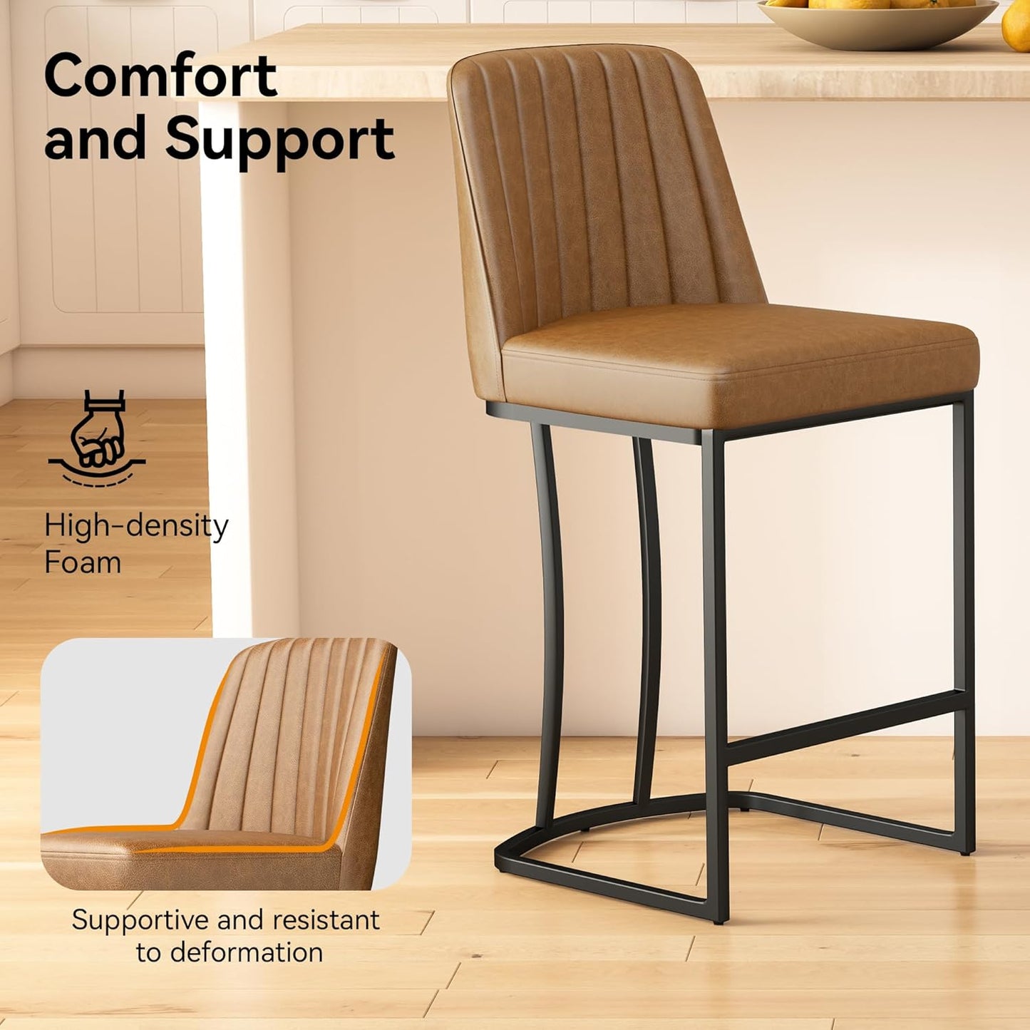 Bar Stools Set of 2, Faux Leather Counter Height Barstools, Upholstered Kitchen Counter Stools with Back and Stitching, 25.6" H Kitchen Island Stools Bar Chair, Metal Framed, Whisky Brown