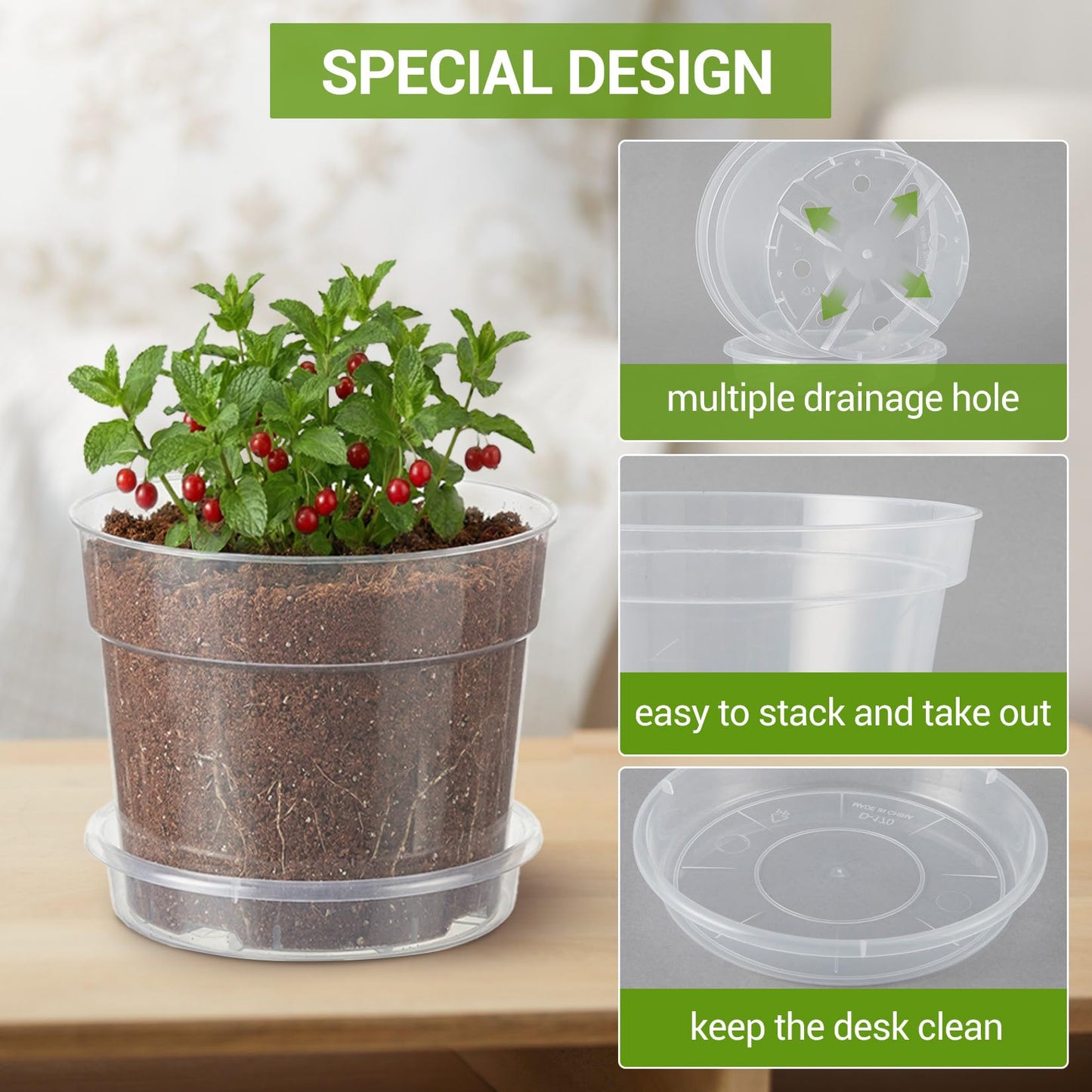 Garvee 6 Pack 6/8/10 Inch Clear Nursery Pots for Plants with Saucers, Thickened Plastic Plant Pots with Drainage Holes, Transparent Seeding Start Planters for Indoor Outdoor