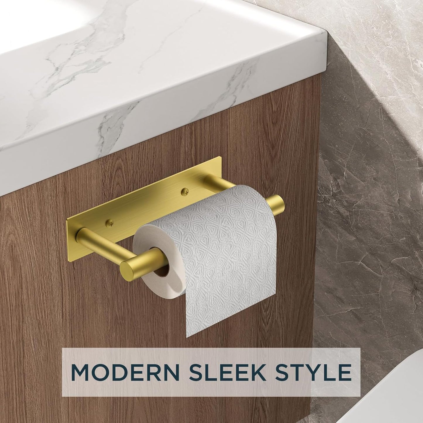 FORIOUS Toilet Paper Holder, Adhesive or Wall Mounted Options, Stainless Steel Rustproof Stick on no Drilling Double Post Pivoting Toilet Tissue Roll Holder Wall Mount for Bathroom, Brushed Gold