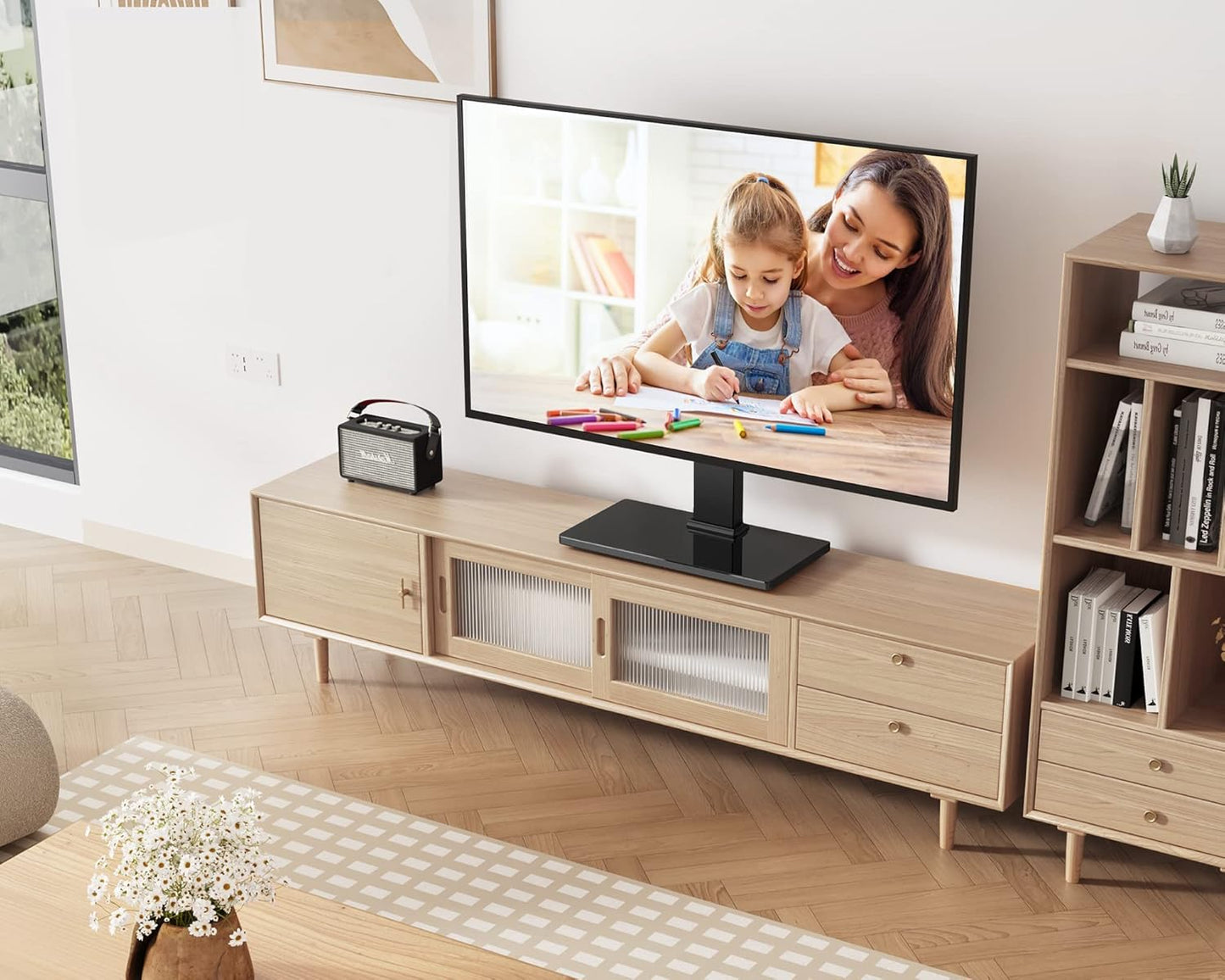 FITUEYES Universal TV Mount Stand Table Top TV Stand for 27-55 inch TVS Height Adjustable TV Stand Mount, Glass Base, Black