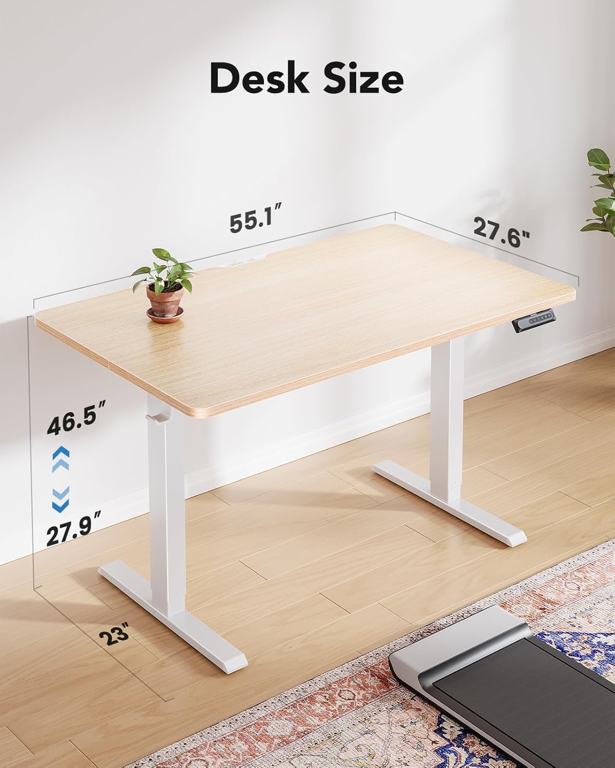 HUANUO 55" x 28" Electric Standing Desk Adjustable Height, 4 Memory Height Settings, Headphone Hook, Cable Manager, Sit Stand Up Desk for Home Office & Computer Workstation, Nature