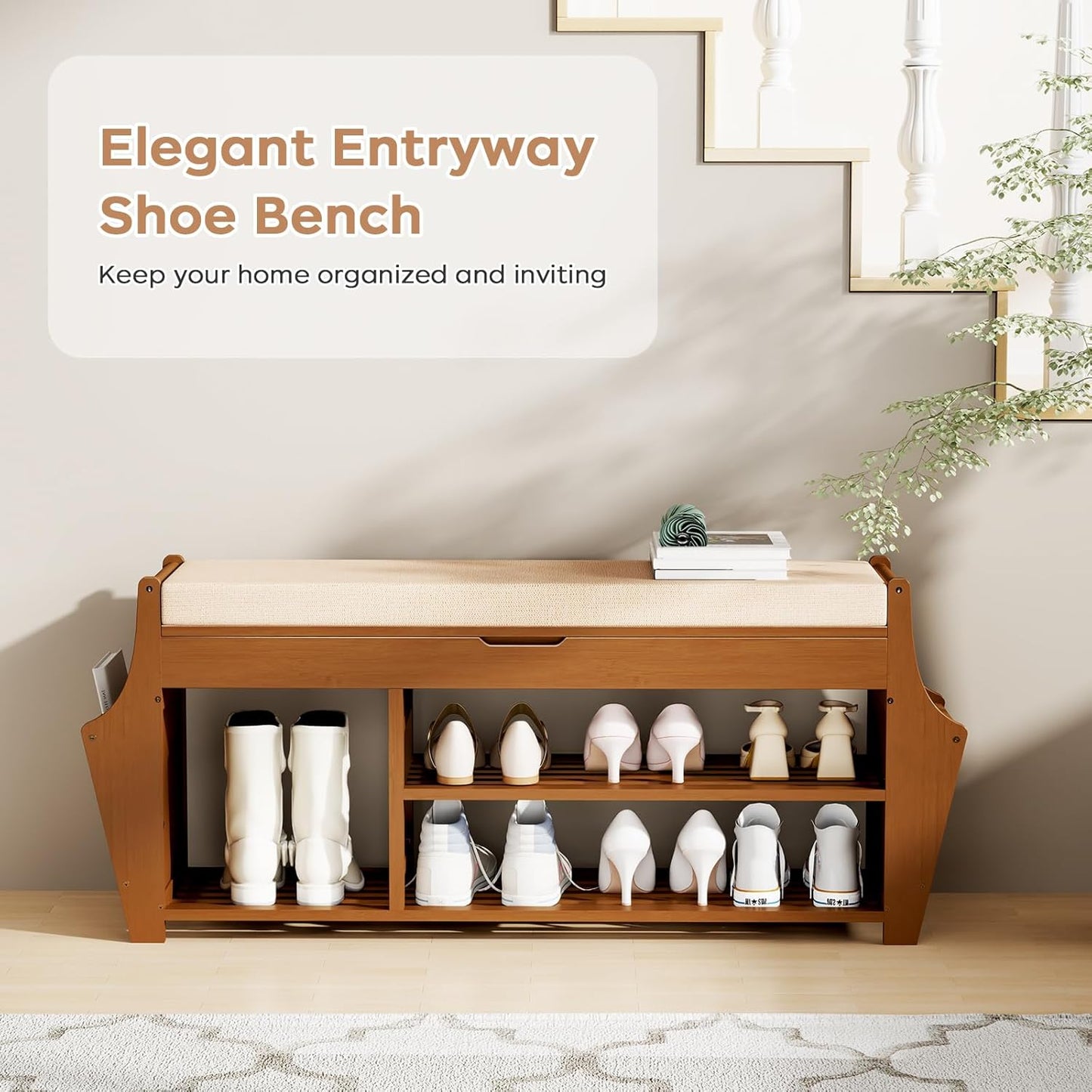 39.4in Shoe Bench with 2 Side Holder, 3 Tier Bamboo Entryway Bench with Storage, Shoe Rack Bench Organizer with Cushion for Entryway Hallway Living Room, Holds up to 330lbs