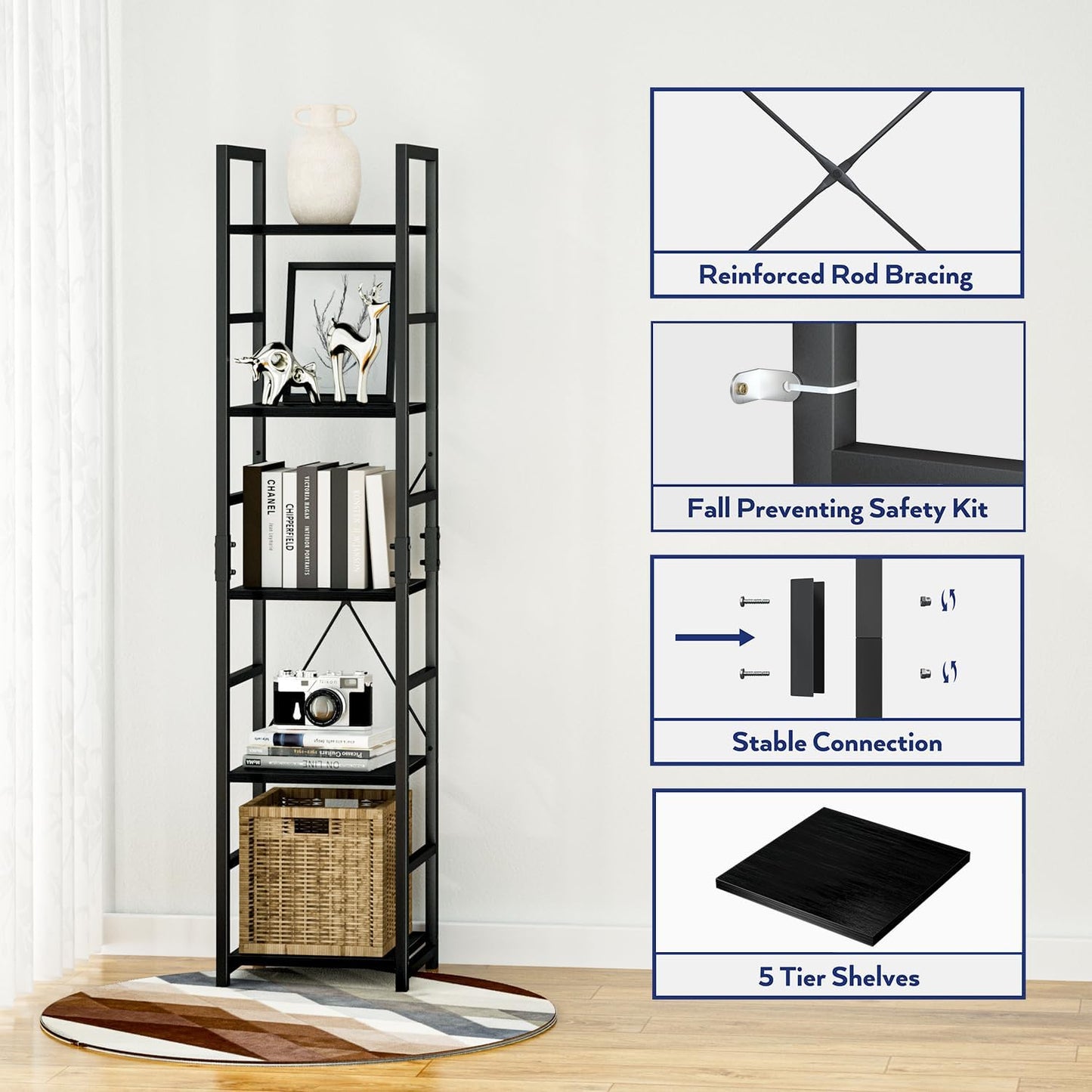 NUMENN 5 Tier Slim Bookshelf, Tall Bookcase Shelf Storage Organizer, Modern Book Shelf for Bedroom, Living Room and Home Office, Black