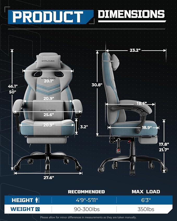 GTPLAYER Gaming Chair, Computer Chair with Footrest and Lumbar Support for Adults, 360°-Swivel Big & Tall Reclining Seat for Office or Gaming (Grey)