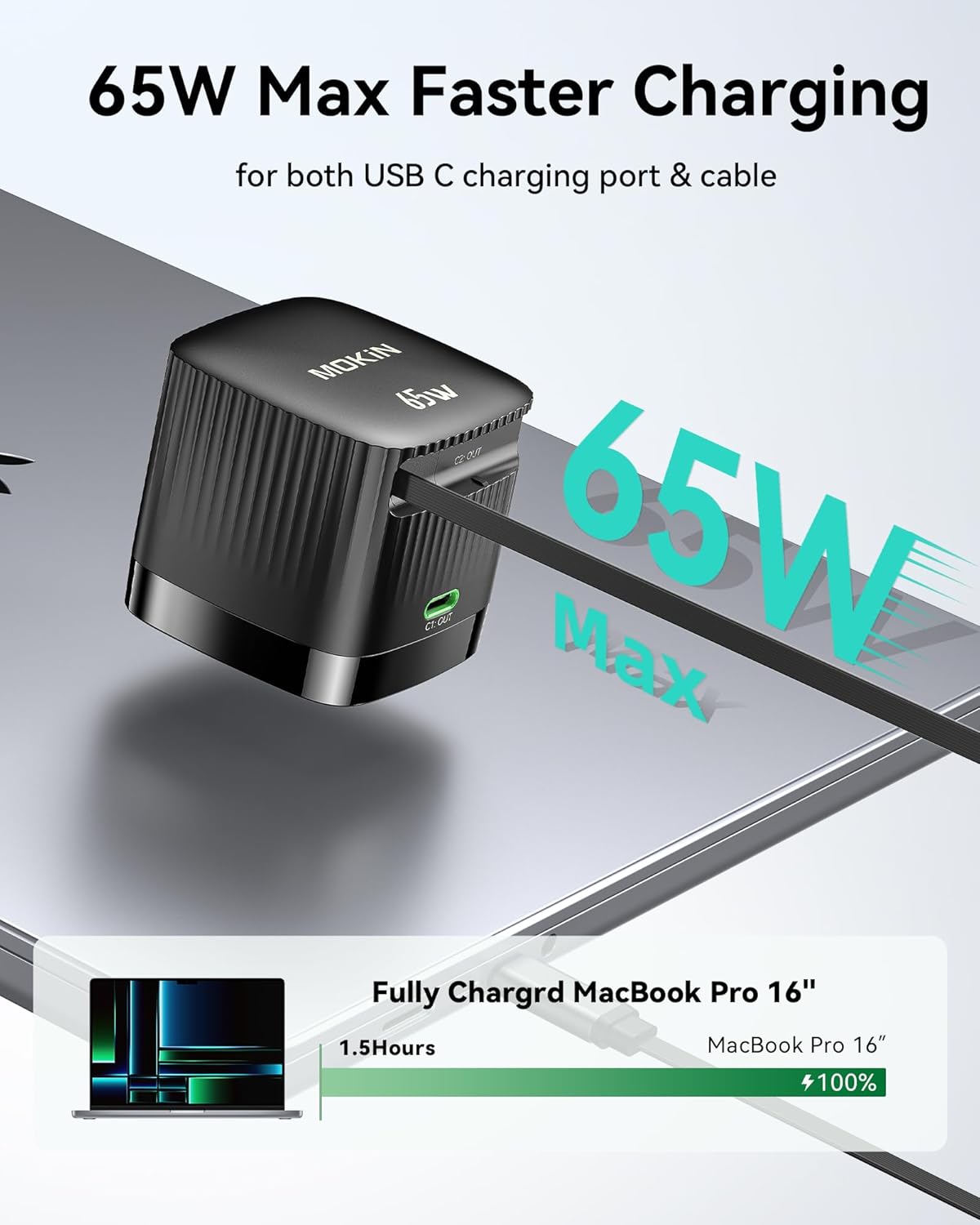 65W Retractable Wall Charger, PD Fast USB C Charger Block with Retractable Type C Cable, Travel Fast Charging Adapter with Foldable Plug for iPhone 16/15, MacBook Pro, iPad, Galaxy, and More
