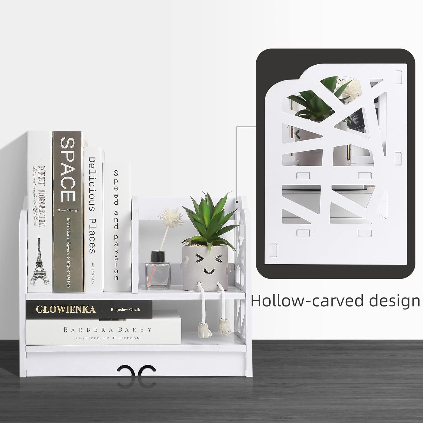 YGYQZ Small Bookshelf for Desktop Storage, Mini Cute Office Desk Shelves White Versatility Organizers for Women, Kids
