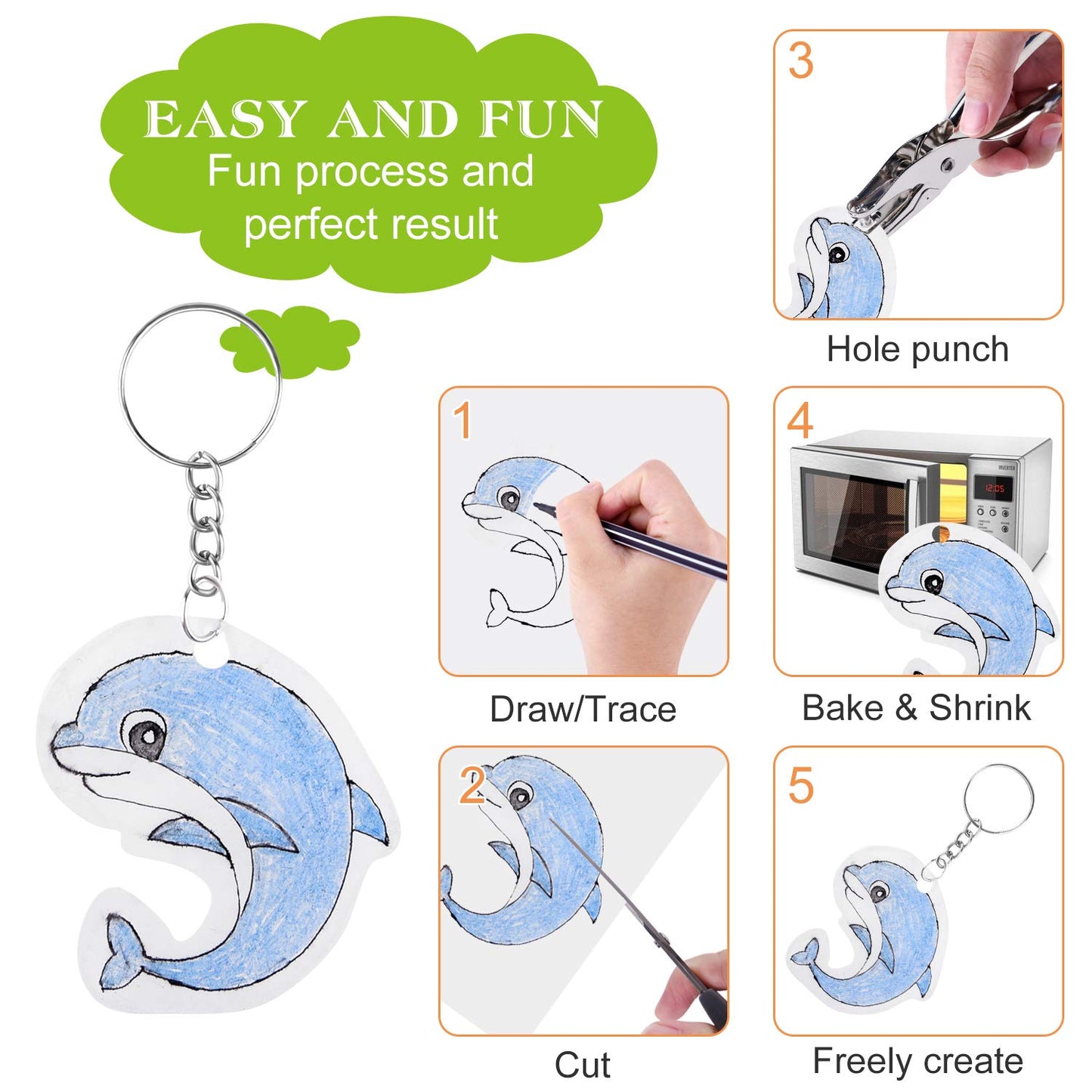 ASTARON 168Pcs Shrinking Plastic Sheets Kit Includes 15 Shrinking Film Art Paper, Hole Punch, 140 Pcs Shrinkles Keychain Jewelry Making Accessories for Kids Craft Supplies