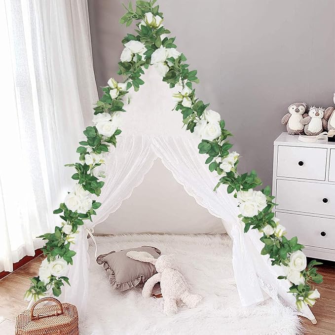 U'Artlines 5 Pack Artificial White Rose Vines Floral Garlands Total 32.5 Ft Fake Vine Silk Flower Garland for Indoor Outdoor Home Wedding Arch Garden Wall Decoration