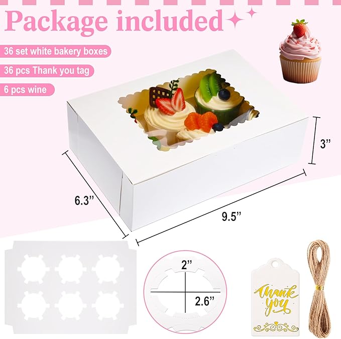 36 Pack Cupcake Boxes Hold 6 Count Christmas Disposable Cupcake Containers with Window and Cake Carrier with Thanks Card and Jute Rope to Muffins Cupcakes Cookies Gift Wrapping(White)