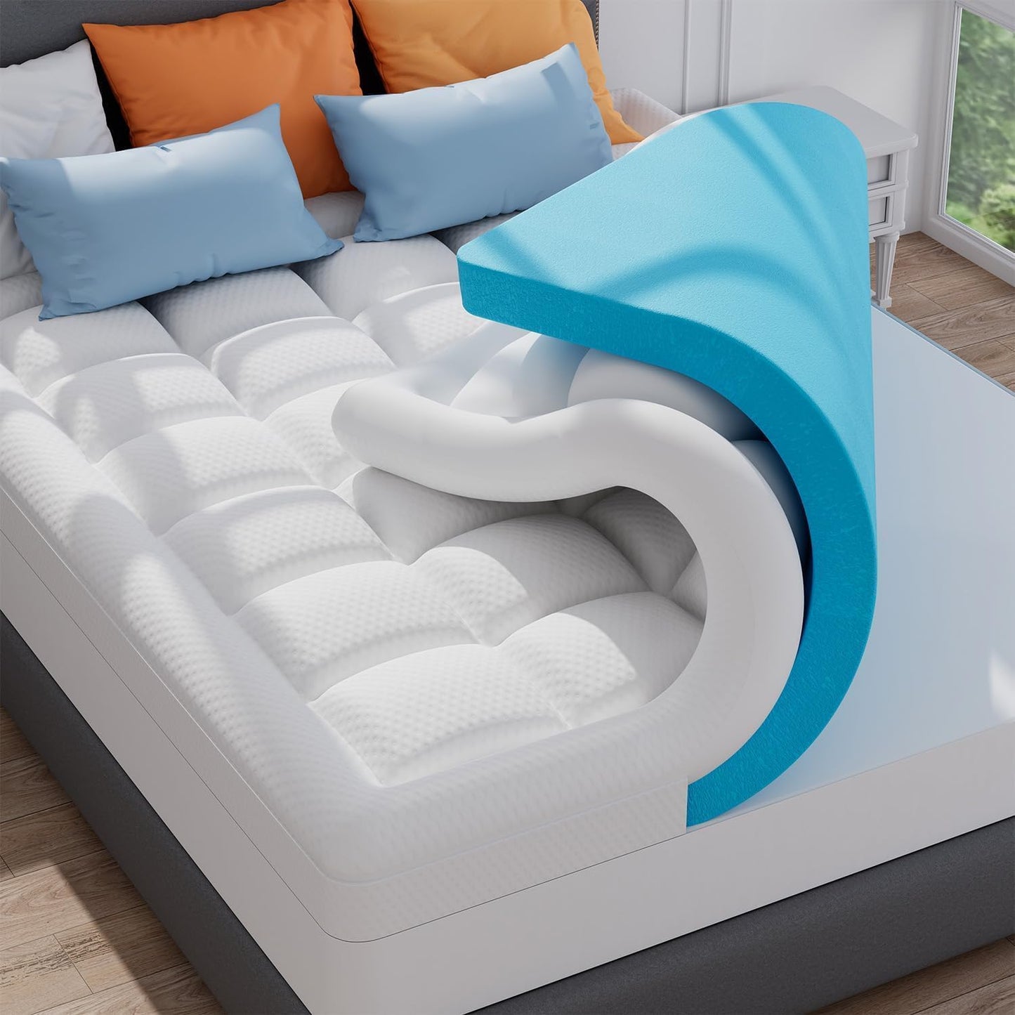 ELEMUSE California King Size Dual Layer 3 Inch Memory Foam Mattress Topper, 2 Inch Cooling Gel Memory Foam and 1 Inch Thick Soft Pillow Top Mattress Pad Cover for Back Pain Relief