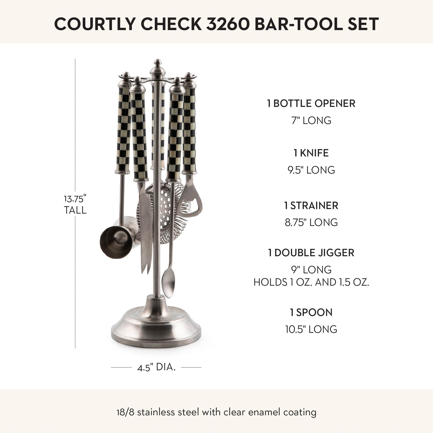 MACKENZIE-CHILDS 3260 Bar-Tool Set, 5-Piece Set with Stainless-Steel Jigger, Strainer, Bottle Opener, Mixing Spoon, Knife, and Stand, Black-and-White Courtly Check