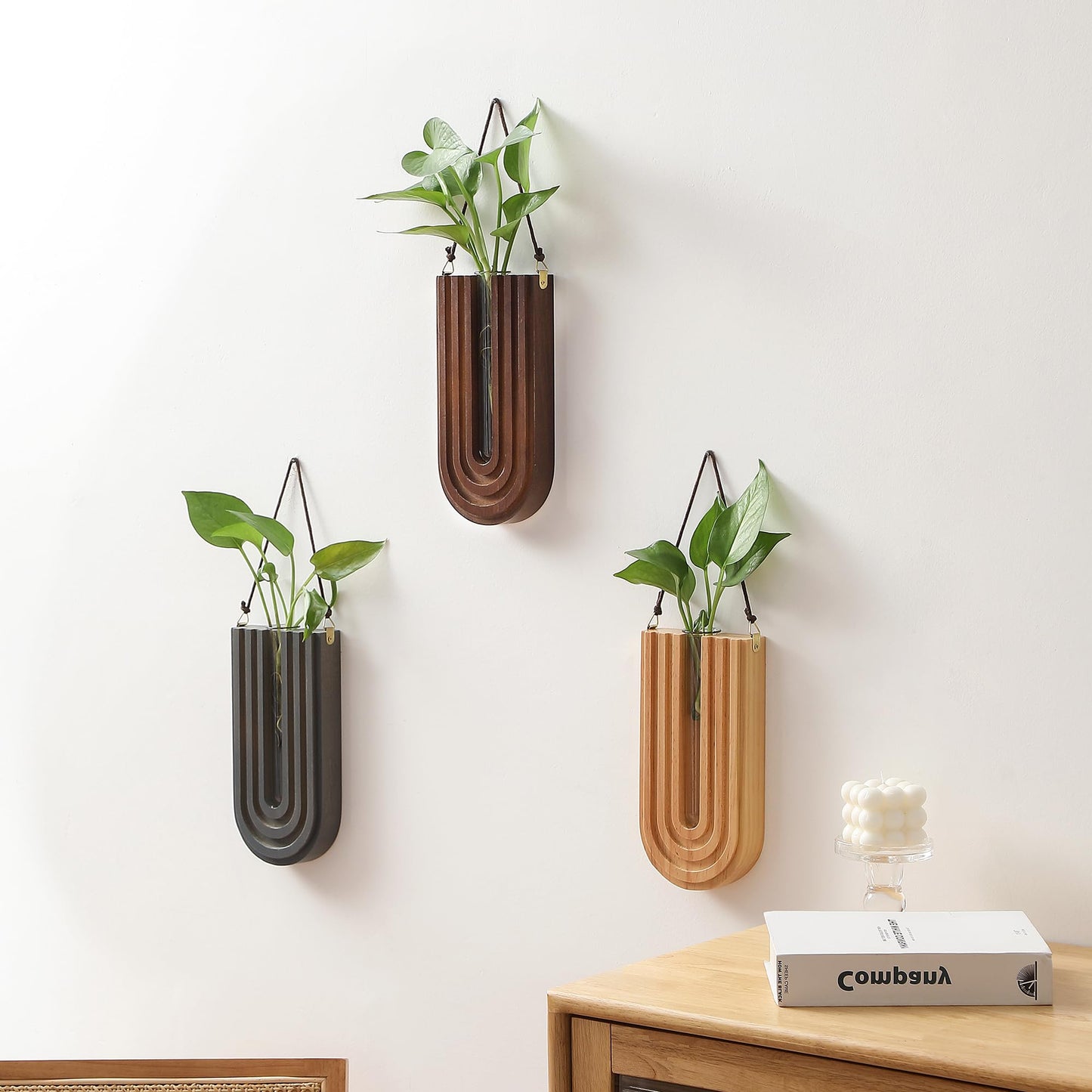 GRID FORTE Wood Wall Planter Indoor, Propagation Station, Wooden Hanging Vase for Dried Flowers, Plant Holder, Boho Wall Décor for Living Room Rainbow U Shape (Set of 3)
