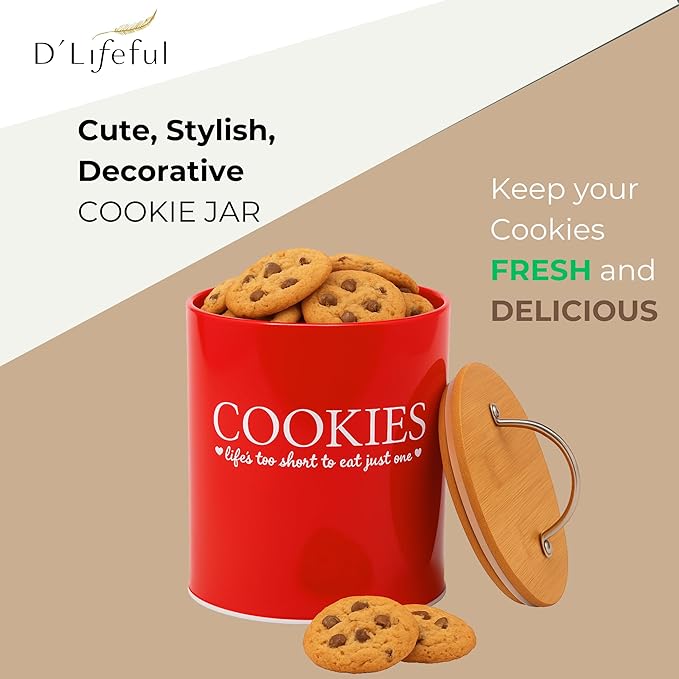 D'Lifeful Cookie Jar with Airtight Bamboo Lid – 0.6 Gallon Cute and Decorative Cookie Storage for Kitchen Countertop – Farmhouse Storage Tin for Freshness – Great Gift Idea - Red