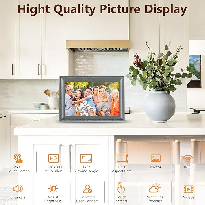 Digital Picture Frame WiFi Grey Send Photos from Phone16GB Storage Smooth System 10.1inch 1280x800 IPS Touch Screen Digital Photo Frame Auto-Rotate Wall Mountable