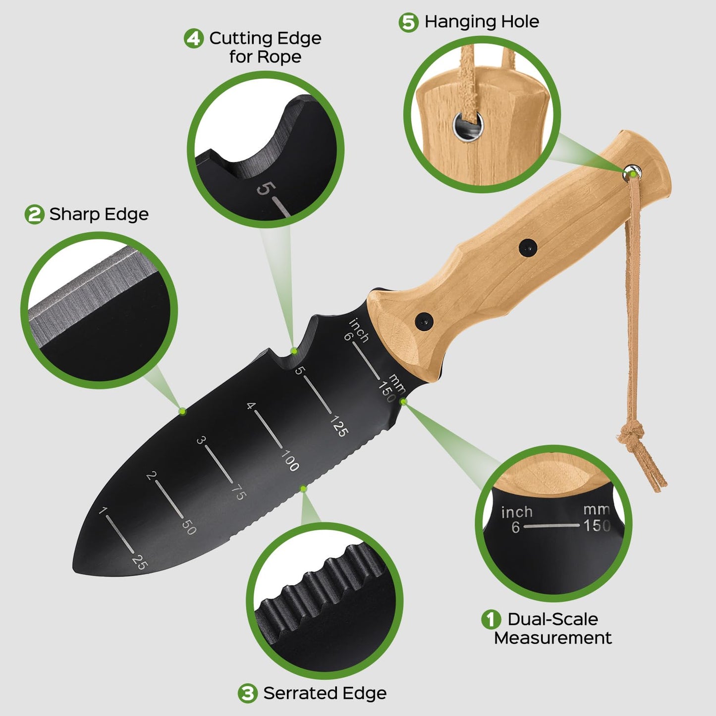 Garden Tools Trowel with EDC Sheath, Gifts for Men Women Mom Dad, Gardening Tools with 7" Stainless Steel Blade, Dual-Scale Measurement, Hanging Hole, Gardening Hand Tools for Weeding Digging Planting