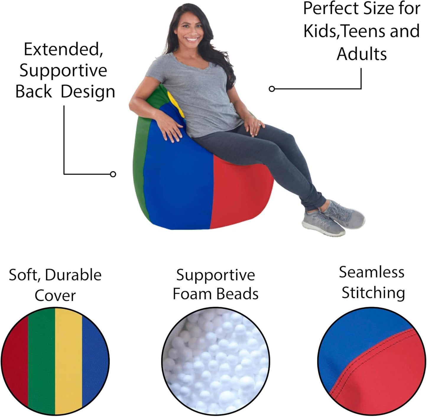 FDP SoftScape Dew Drop Bean Bag Chair with Supportive High-Back Design, For Kids, Teens and Adults, Alternative Seating for Dorms, Schools, Libraries, Daycares or Home - Assorted