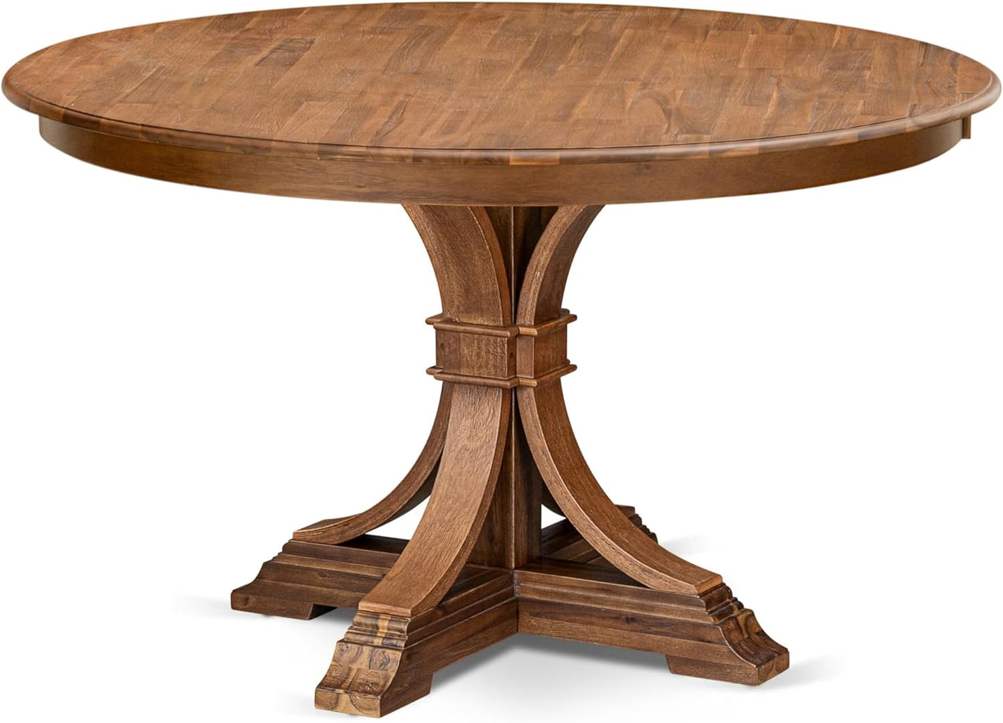 F7MZ5-50N-04 5-Pc Dining Table Set Includes a Pedestal Dinner Table and 4 Light Tan Polyester Fabric Parson Chairs with Padded Back- Antique Walnut