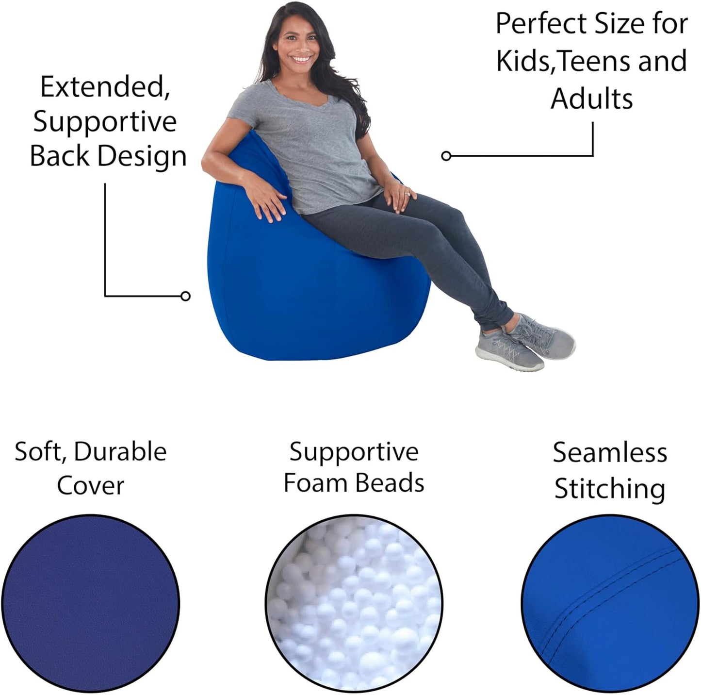FDP SoftScape Dew Drop Bean Bag Chair with Supportive High-Back Design, For Kids, Teens and Adults, Alternative Seating for Dorms, Schools, Libraries, Daycares or Home - Blue