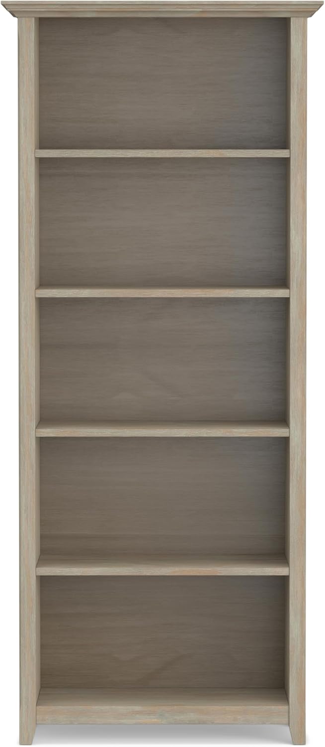 SIMPLIHOME Amherst Bookcase - 70 inch Tall 5-Shelf Solid Wood Bookshelf in Distressed Grey, Transitional Storage for Living Room, Study Room or Office with Adjustable Shelves and Tapered Legs