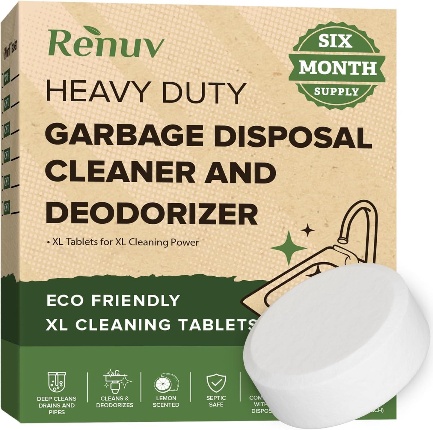 Renuv Garbage Disposal Cleaner and Deodorizer Tablets Drain Freshener, Deodorizer, Cleaner for Garbage Disposer Cleaners (6 XL Tablets - 6 Months Supply)
