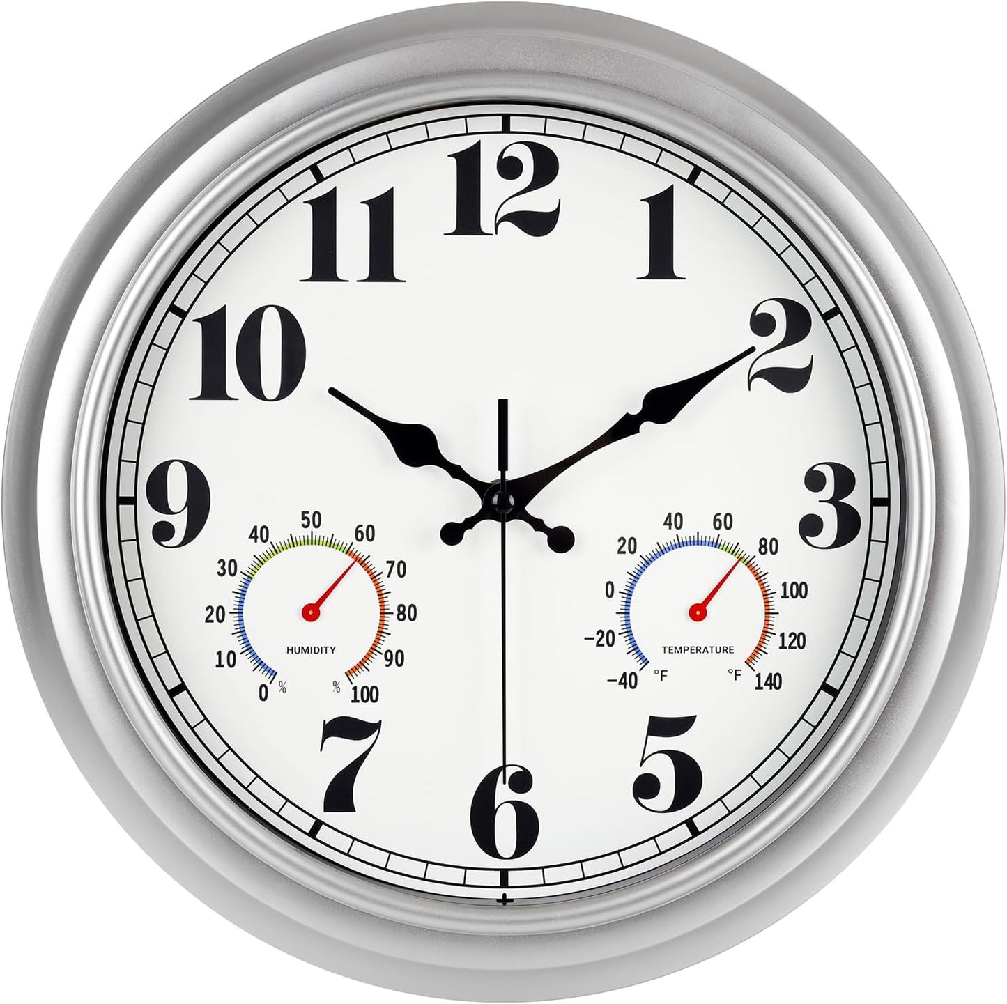 JENLYSTIME 13 Inch Outdoor Clock, Waterproof and Silent, with Thermometer and Hygrometer, Large Numbers for Easy Reading, Perfect for Home,Office,Bedroom,Kitchen,Porch,Garden,Pool(Silver)