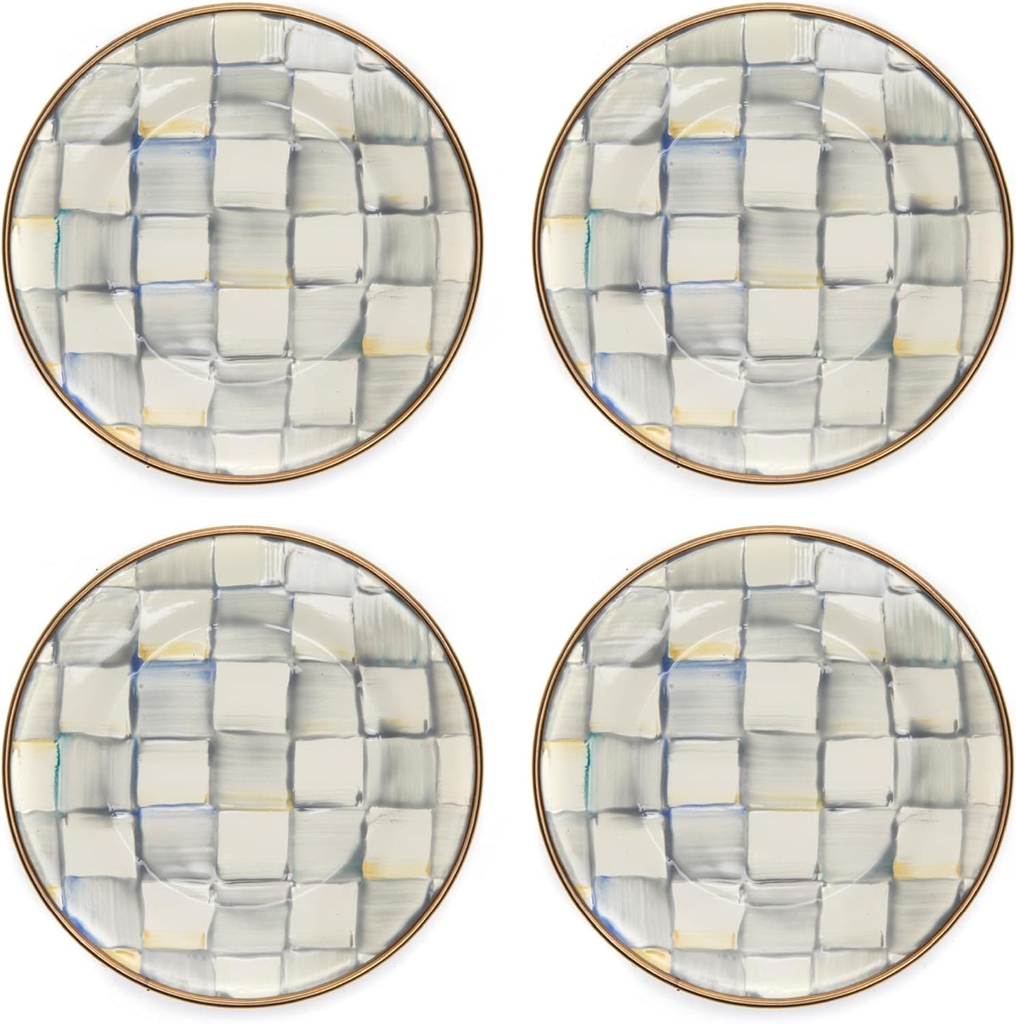 MACKENZIE-CHILDS Set of 4 Enamel Appetizer Plates, Mini Dessert Plates, 5 Inches, Gray-and-White Sterling Check