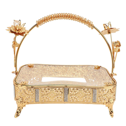 Changor Gold Serving Tray, European Style Vintage Glass Fruit Tray with Handle, Vintage Fruit Snack Tray Decorative Serving Basket for Parties for Tea, Coffee, Fruit, Cake