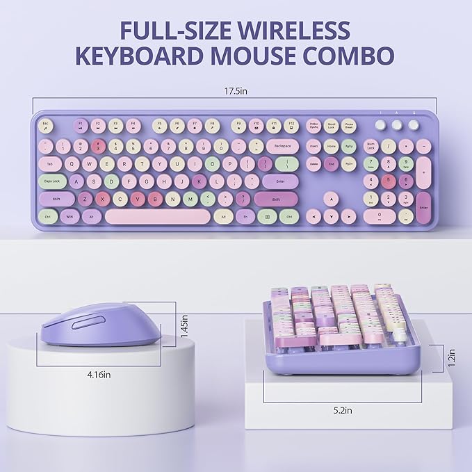 Owpkeenthy Purple Keyboard and Mouse Wireless, Cute Retro Full-Size Cordless Keyboard with Number Pad 2.4 GHz Wireless USB Receiver for Computer/Laptop/Windows/Mac(Coloful Purple)
