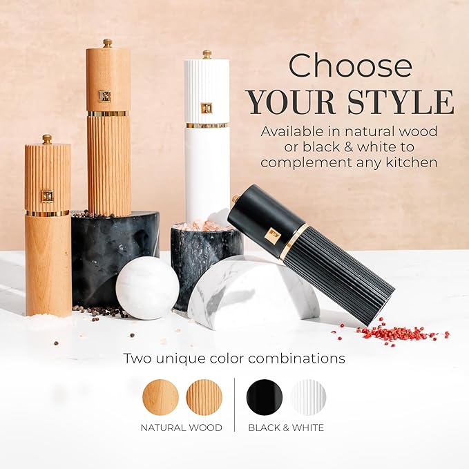 Styled Settings Wooden Salt and Pepper Grinder Set with Gold Accents – Refillable Wooden Manual Salt and Pepper Mill Set with Adjustable Ceramic Mills & Matching Wood Stand - Ideal for Gifting