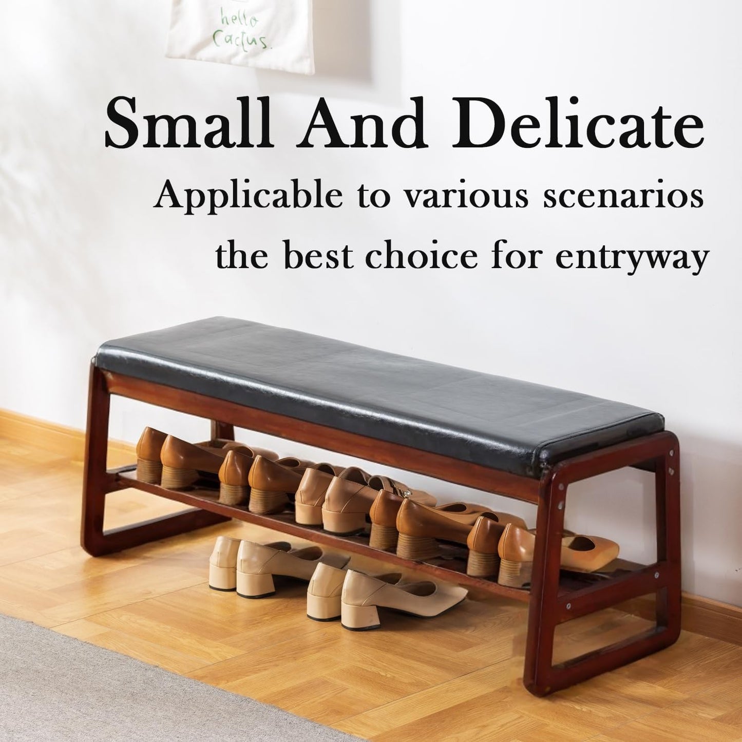 latifolia Solid Wood Bench, Entryway Shoe Bench with Cushion, 2 Tier Shoe Storage Organizer for Hallway, Living Room(Black,39.70''L)