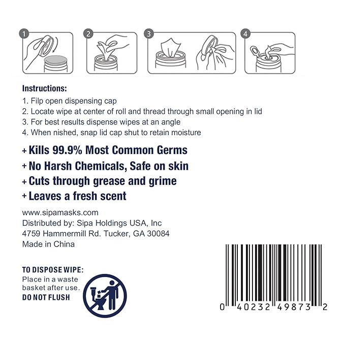 SIPA Hand Sanitizing Wipes 100 WIPES/CANISTER, Soft Textured Wipes, Fresh Scented, (4 CANISTERS)
