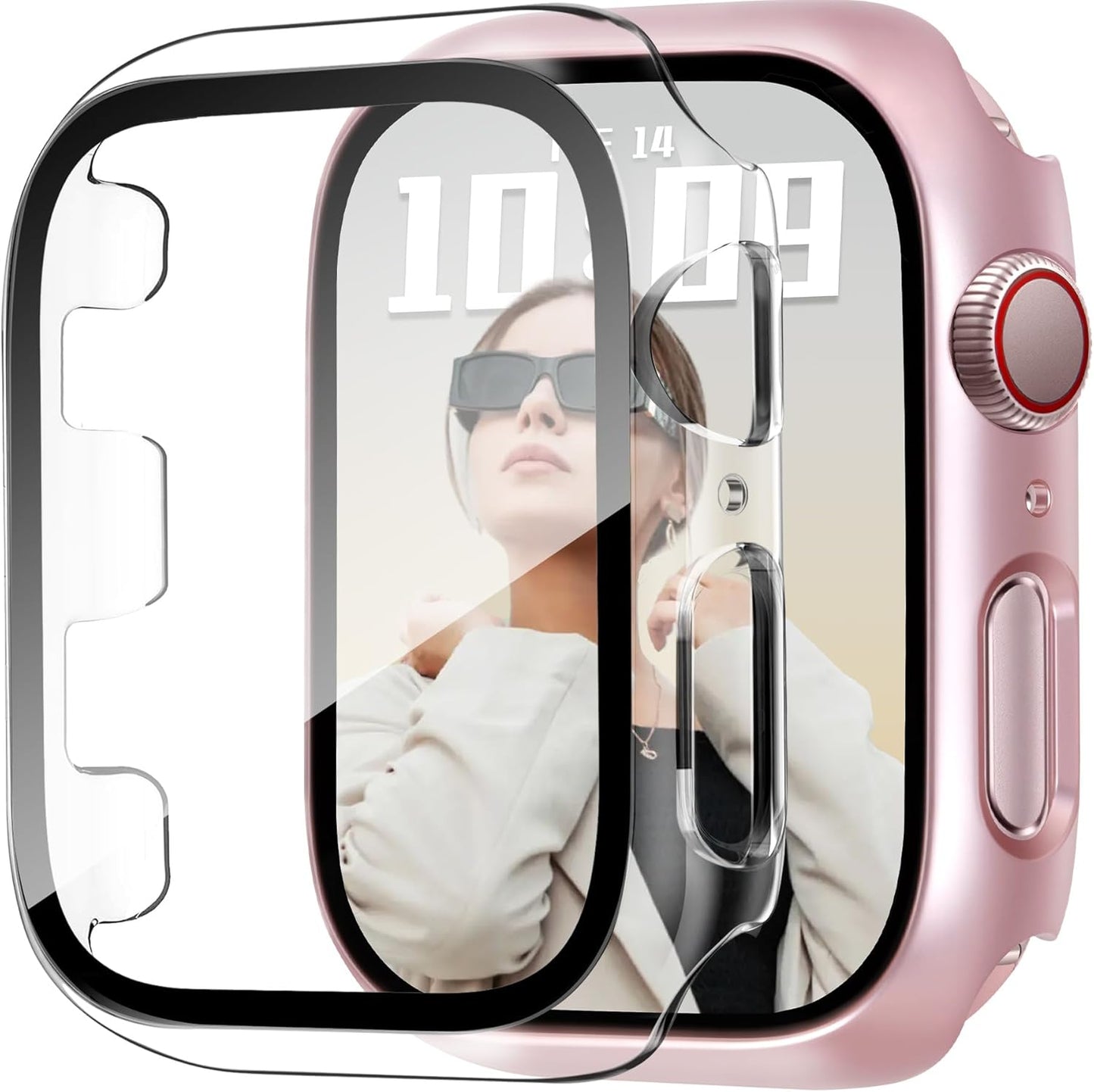 JR.DM 38mm 2 Pack Hard PC Case with HD Tempered Glass Screen Protector for Apple Watch Series 3/2/1, Slim Guard Bumper Full Coverage Protective Anti-Scratch Face Cover for iWatch, Pink/Clear