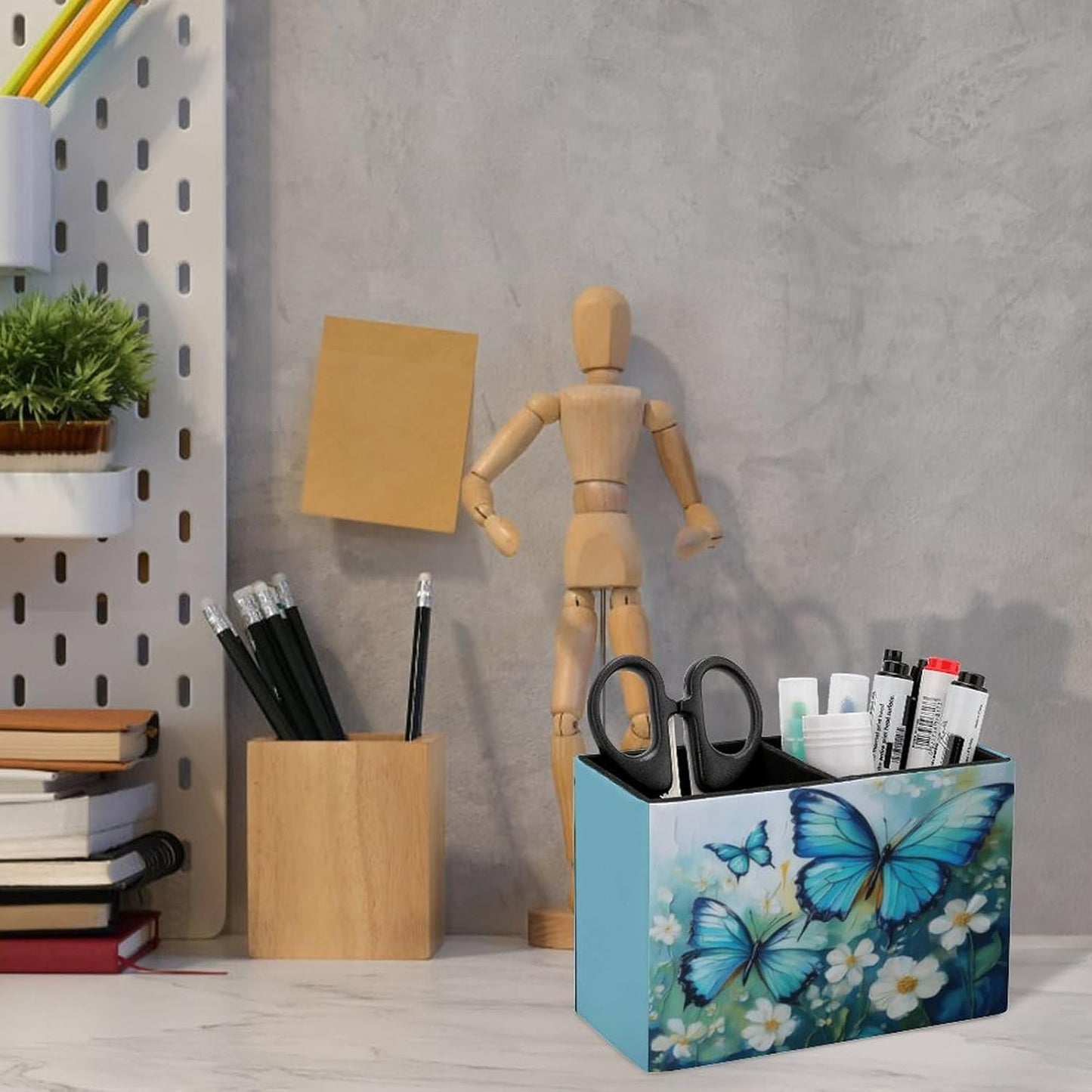 Blue Butterfly Floral Lether Pen Holder for Desk Makeup Brush Holder Office Organizer Desk Accessory for School Office
